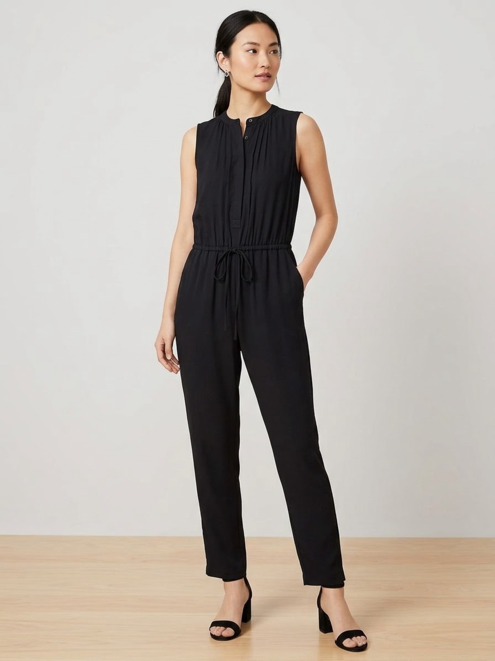 LOFT Black Sleeveless Drawstring Jumpsuit